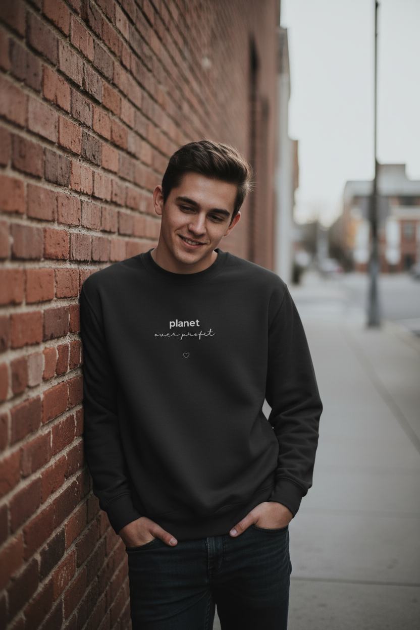 Black crewneck sweatshirt with centered planet logo text and heart