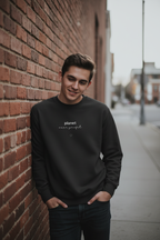 Black crewneck sweatshirt with centered planet logo text and heart