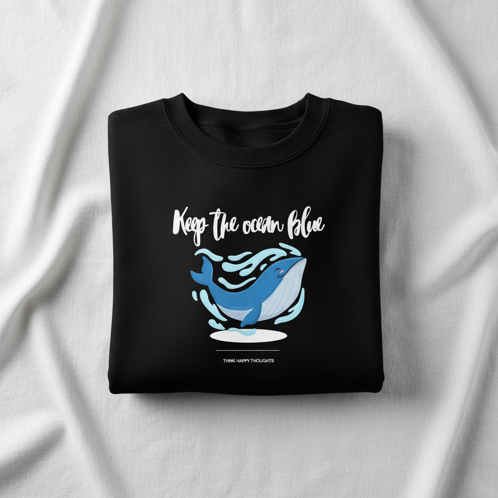 Black sweatshirt with white whale graphic and 'Keep the ocean blue' text, crewneck