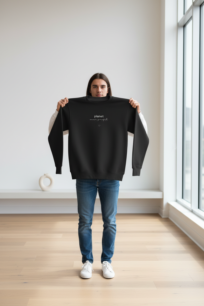Black crewneck sweatshirt with planet logo and heart graphic