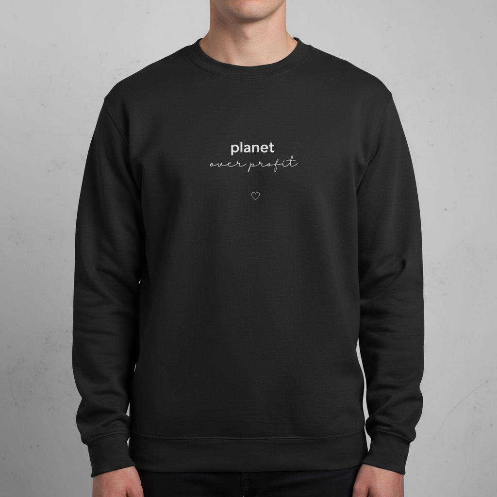 Black crewneck sweatshirt with small planet over profit logo and heart