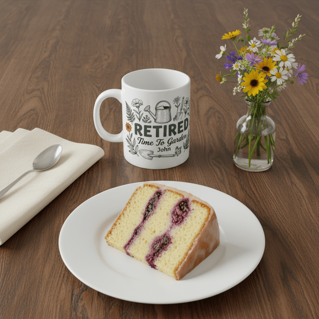 White retired garden mug with 'RETIRED' and floral watering-can design, John
