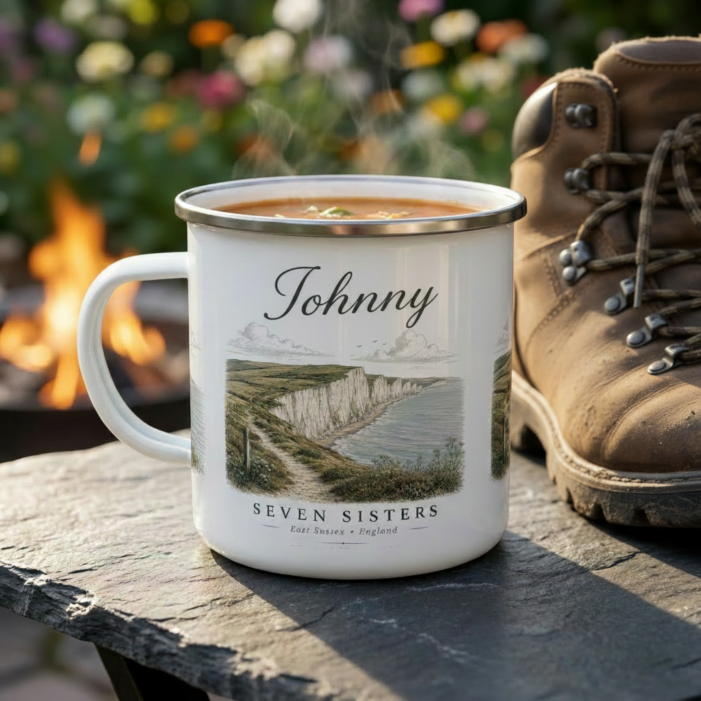 Johnny enamel mug — outdoor lifestyle with rugged props