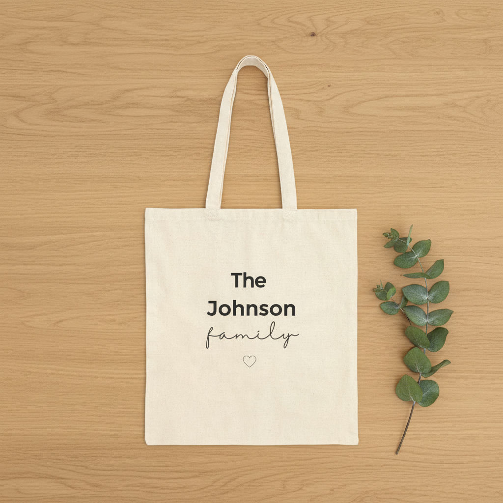 Natural canvas tote bag with “The Johnson family” text and heart on front