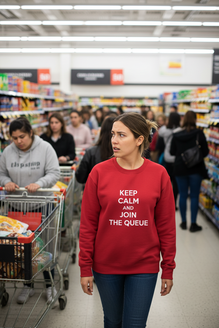 Red crewneck sweatshirt with stacked “KEEP CALM…” text print on the chest