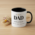 Two-tone dad coffee mug with black rim and handle; “DAD” and “JONATHAN” text.