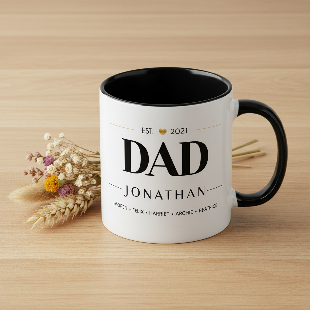 Two-tone dad coffee mug with black rim and handle; “DAD” and “JONATHAN” text.