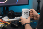 Personalised gamer mug: 'JOSH' with 'PRO GAMER' and EST date, white ceramic