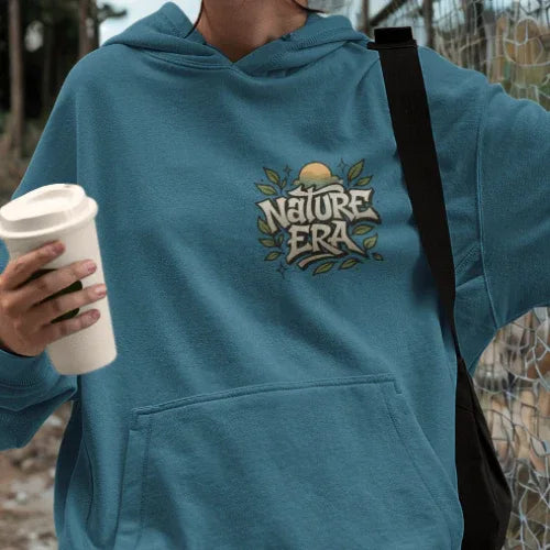 Teal Nature Era hoodie with front logo, hood and kangaroo pocket.