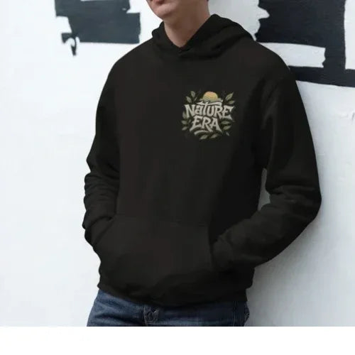 Black Nature Era hoodie with embroidered chest logo, hood and kangaroo pocket.