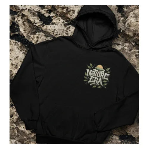 Black Nature Era hoodie with embroidered chest logo and hooded neckline.