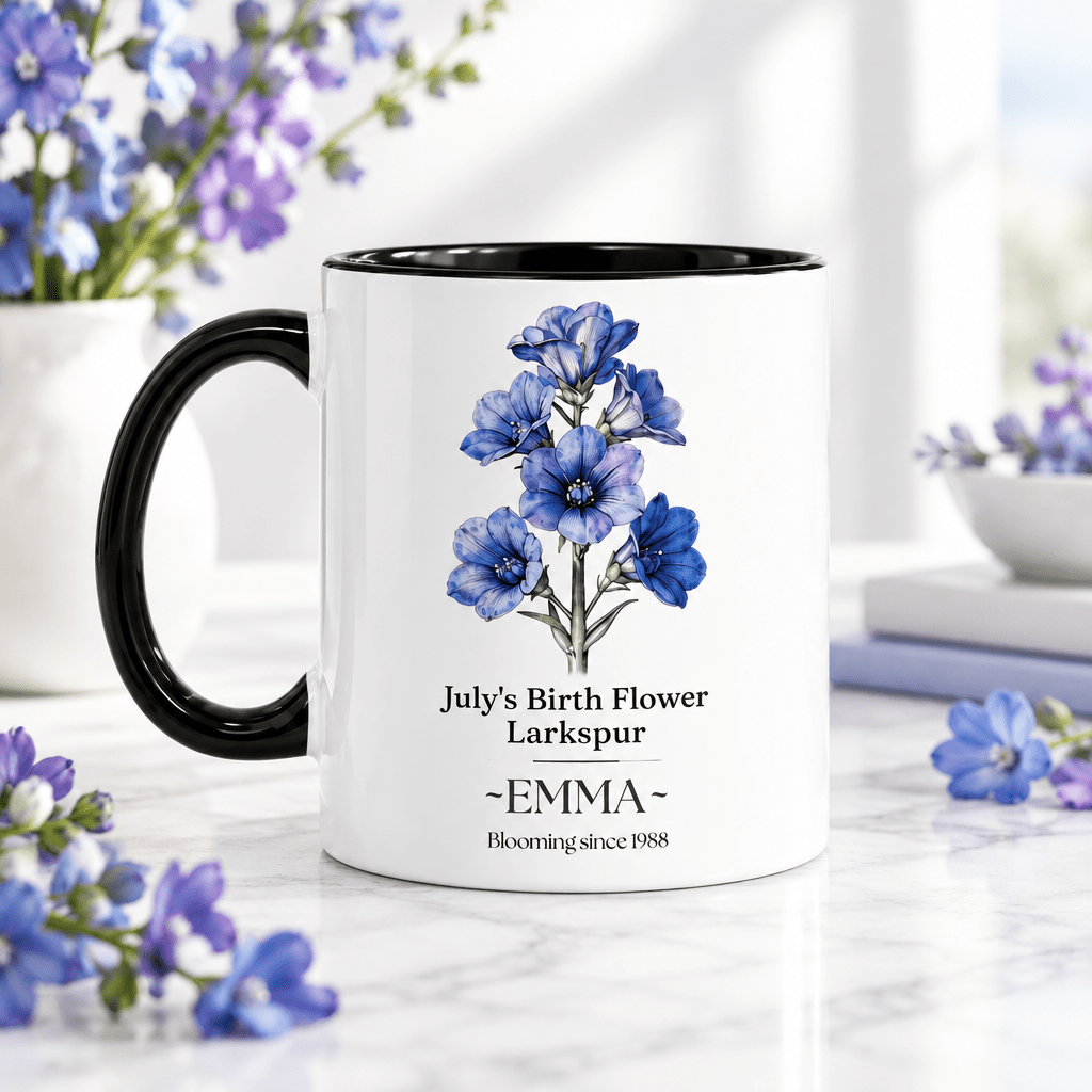 Personalised birth flower mug with black handle; July larkspur; name EMMA.