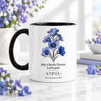 Personalised birth flower mug with black handle; July larkspur; name EMMA.