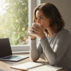 White mug with black monogram and floral line art, held by woman near lips