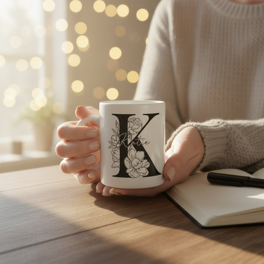 Personalised name mug with black floral initial and script name, held in hand