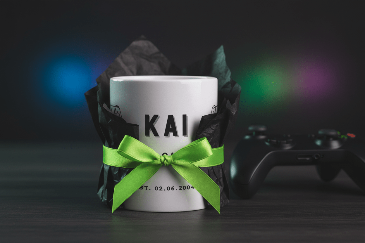 White personalised gamer mug with 'KAI' text, 'PRO GAMER' and 'Est.' date