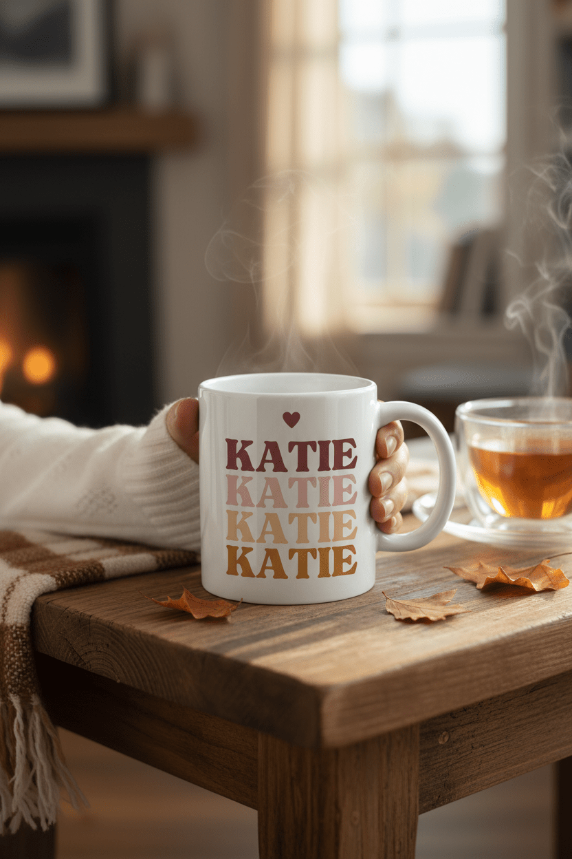 Personalised white mug with stacked “KATIE” text and a small heart above the word.