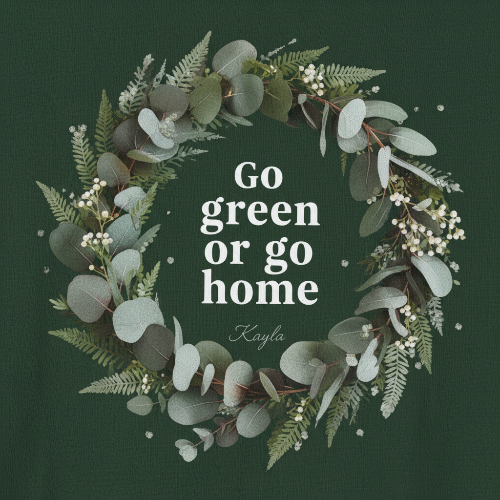 Forest green unisex T-shirt with “Go green or go home” wreath graphic