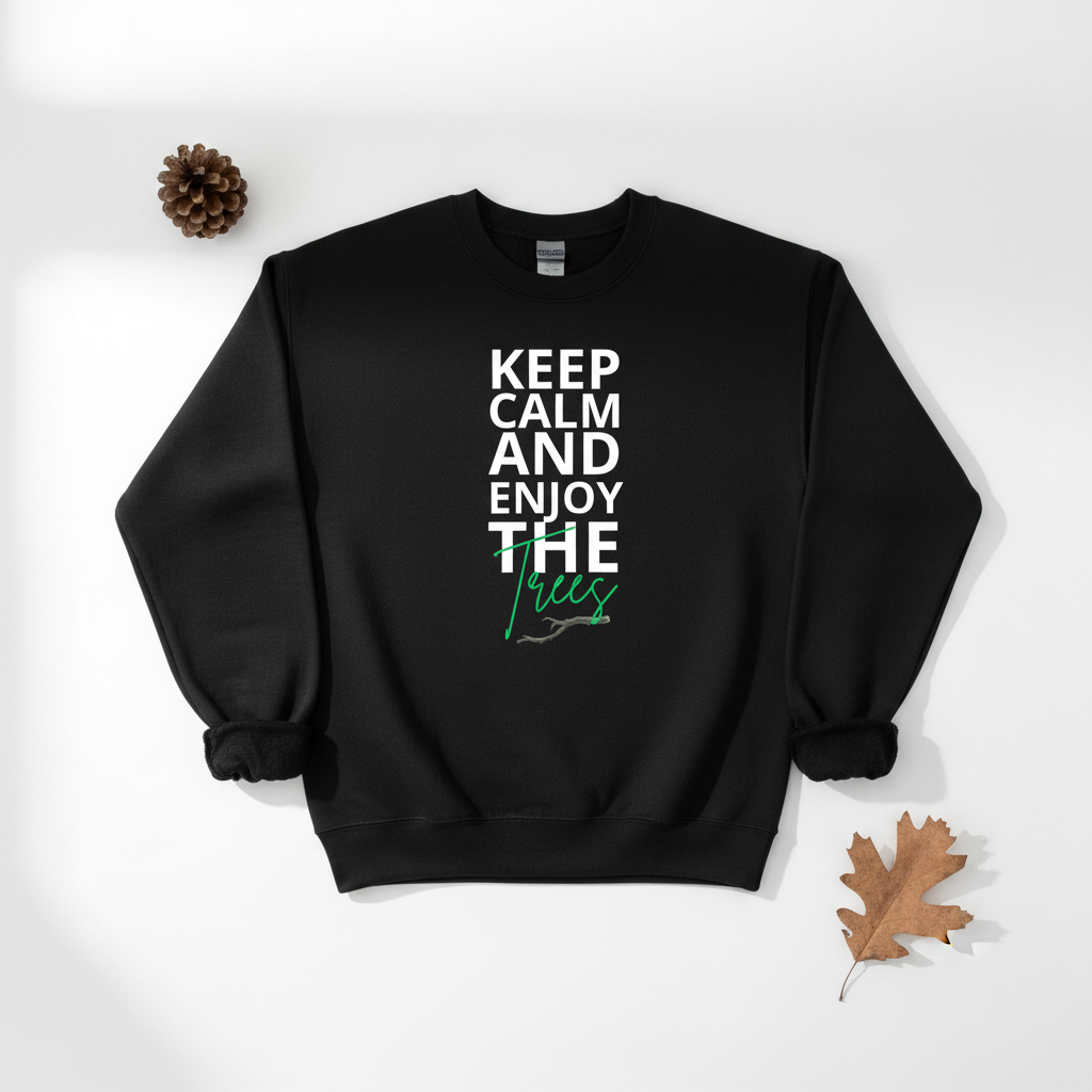 Black crewneck sweatshirt with “Keep Calm and Enjoy the waves” text and wave graphic.