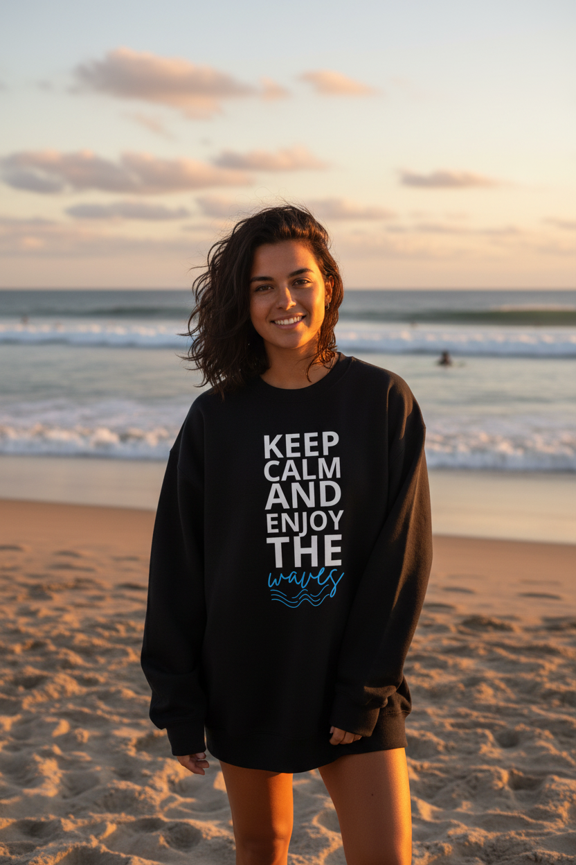 Black crewneck sweatshirt worn outdoors, featuring “Keep Calm and Enjoy the waves” front print.