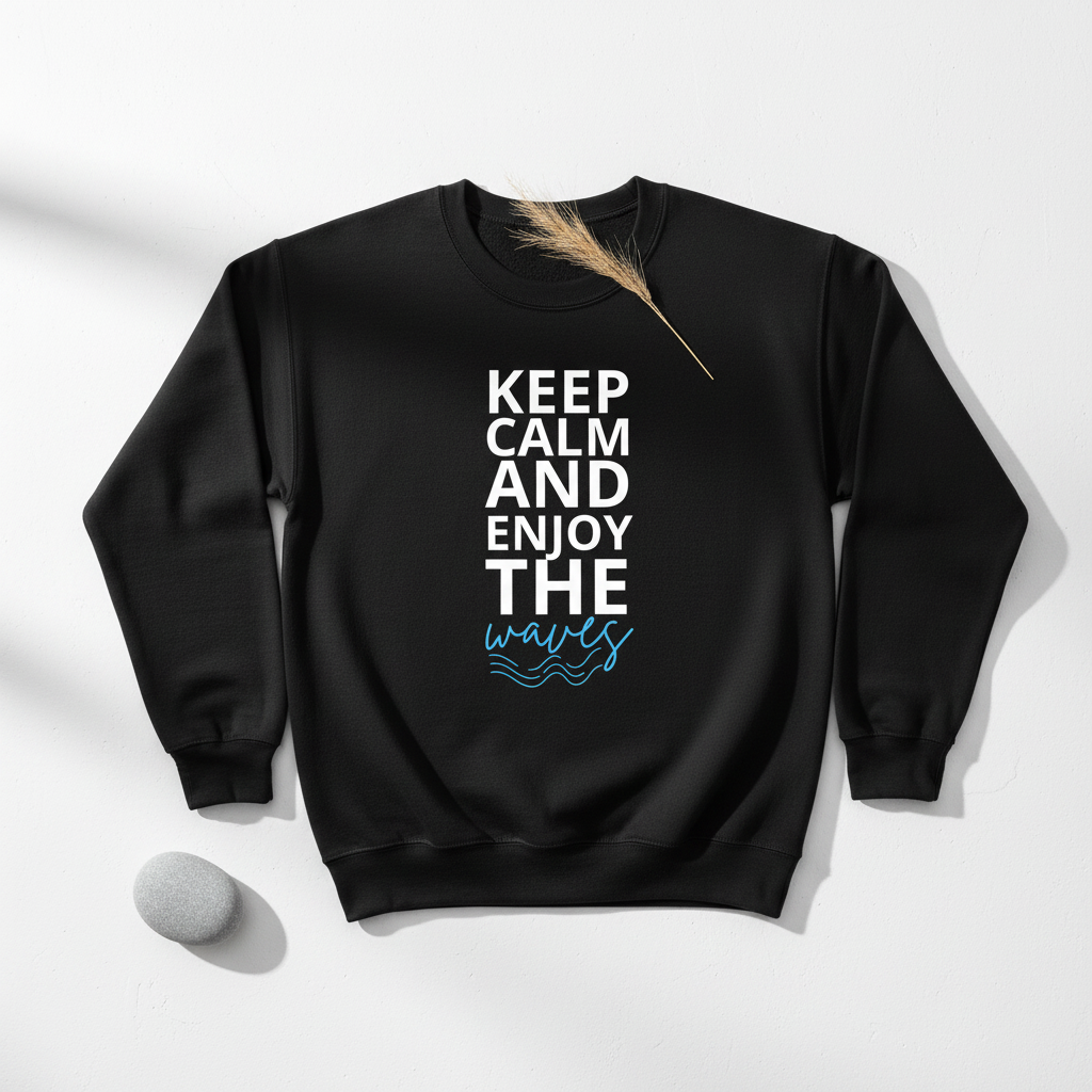 Black crewneck sweatshirt with large “KEEP CALM AND ENJOY THE waves” print on chest.