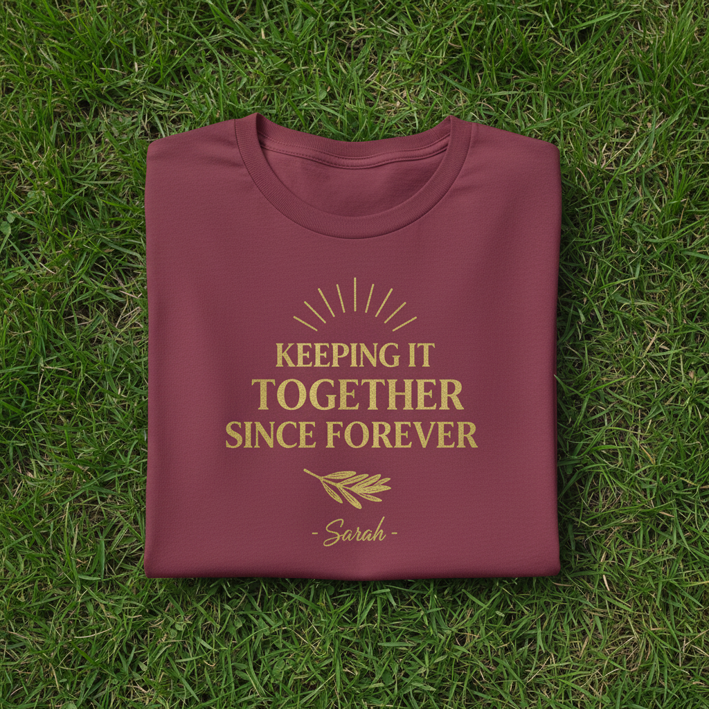 Maroon T-shirt with gold “Keeping it Together Since Forever” text and “Sarah”