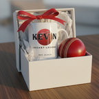 Cricket legend mug gift box with red ribbon; white mug shows name Kevin and date