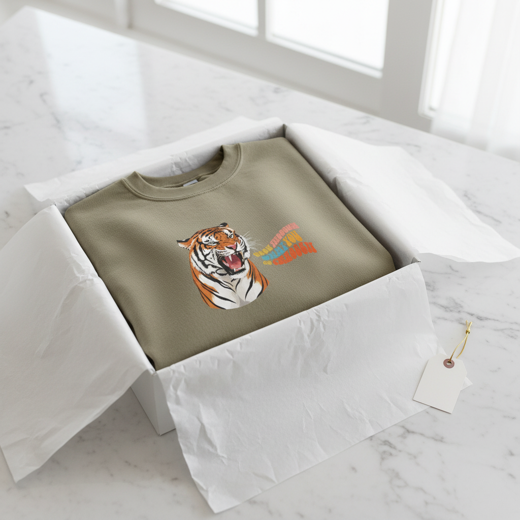 Khaki crewneck sweatshirt with tiger head graphic and orange text on the front