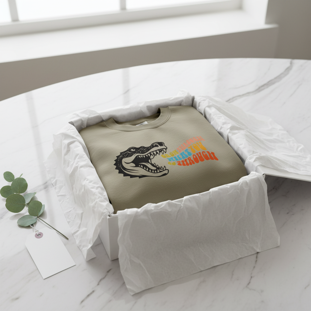 Khaki sweatshirt in crinkled paper with crocodile graphic and orange multicolor “grow through” text