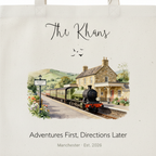 Cream canvas tote bag design featuring illustrated train station and cursive family name text.