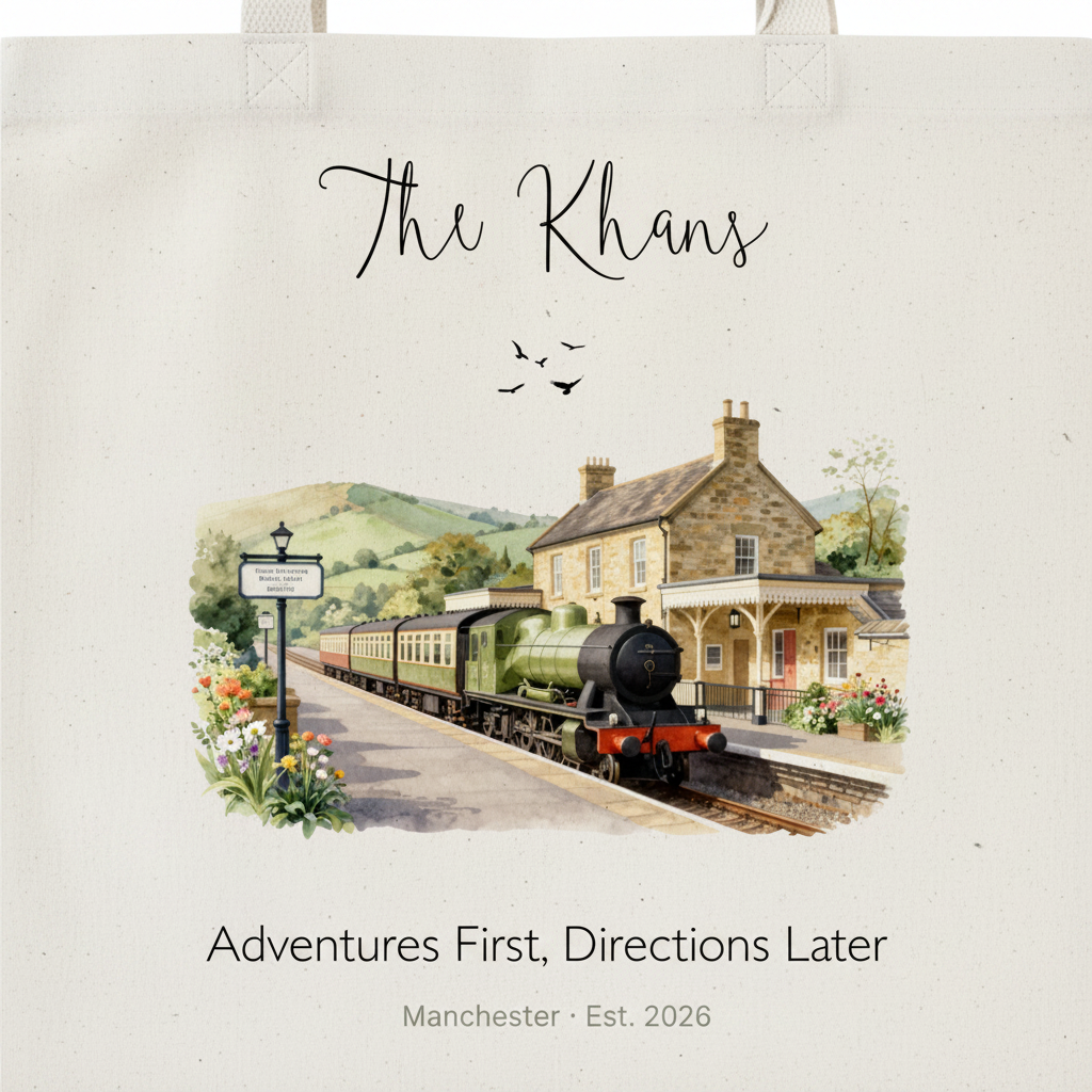 Cream canvas tote bag design featuring illustrated train station and cursive family name text.