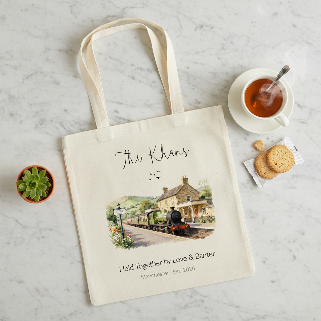 White canvas tote bag with printed train and cottage scene on the front.