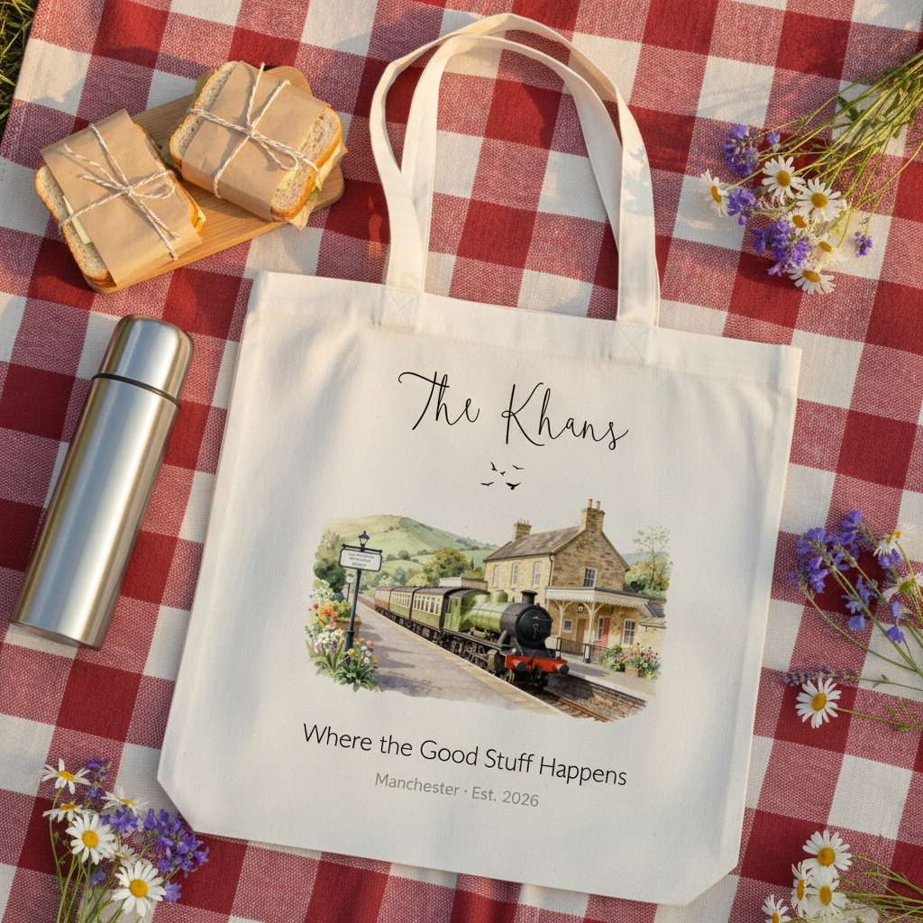 White canvas tote bag with a printed train station landscape illustration.