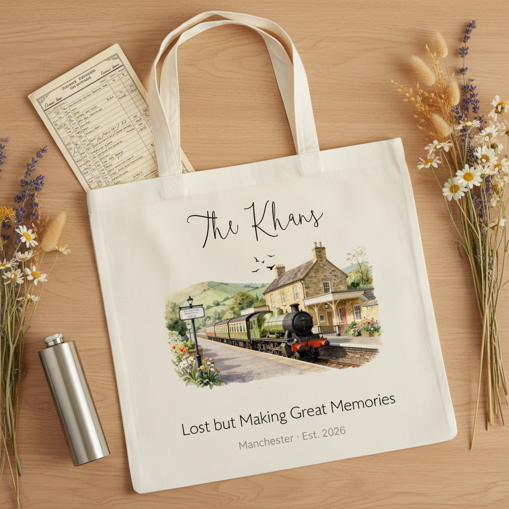 Cream canvas tote bag with illustrated train station scene and cursive family name, flat lay.