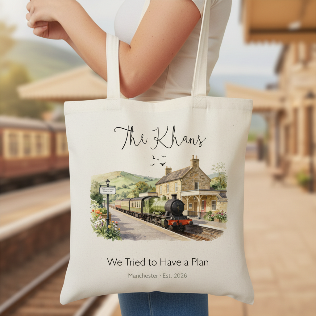 Cream canvas tote bag with illustrated train station scene and cursive family name.