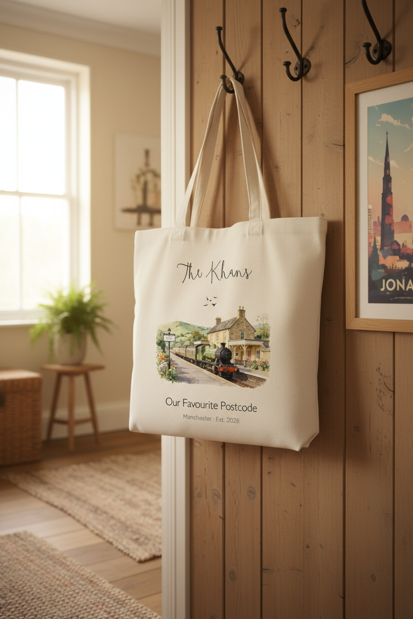 White canvas tote bag hanging on hooks, featuring a printed train and cottage scene.