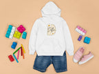 Kids white hoodie worn with blue shorts; hood and chest floral name patch