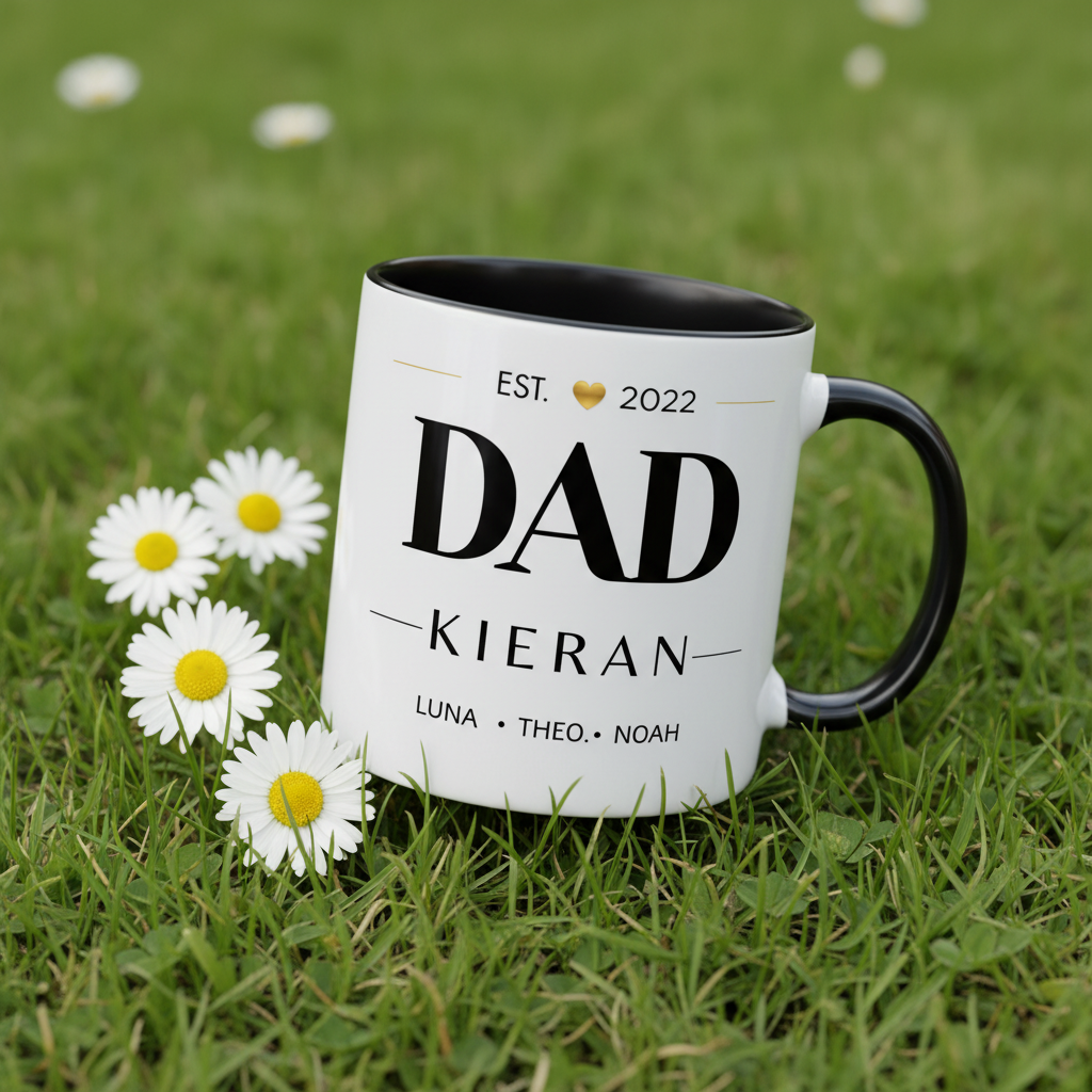 Two-tone dad coffee mug, black rim and handle; “DAD” with “KIERAN” personalization.