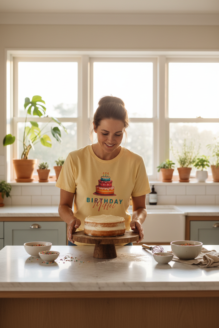 Yellow T-shirt with birthday cake graphic and 'Birthday Mum' text