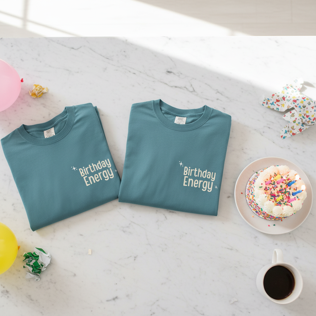 Two crew-neck T-shirts: teal and light teal, both with Birthday Energy+ graphic