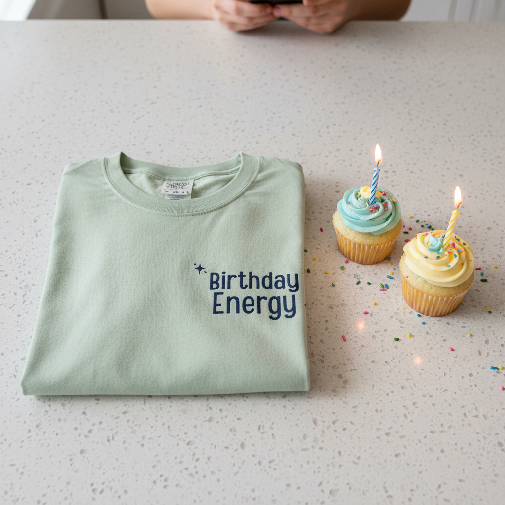 Seafoam green crewneck T-shirt with "Birthday Energy" text graphic