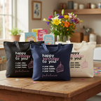 Three cotton tote bags on a table: black, navy, and white with birthday front text.
