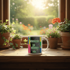 White ceramic mug with “Introverted” and “Outdoorsy” colorful print design.
