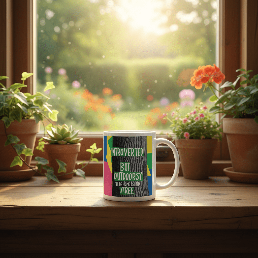 White ceramic mug with “Introverted” and “Outdoorsy” colorful print design.