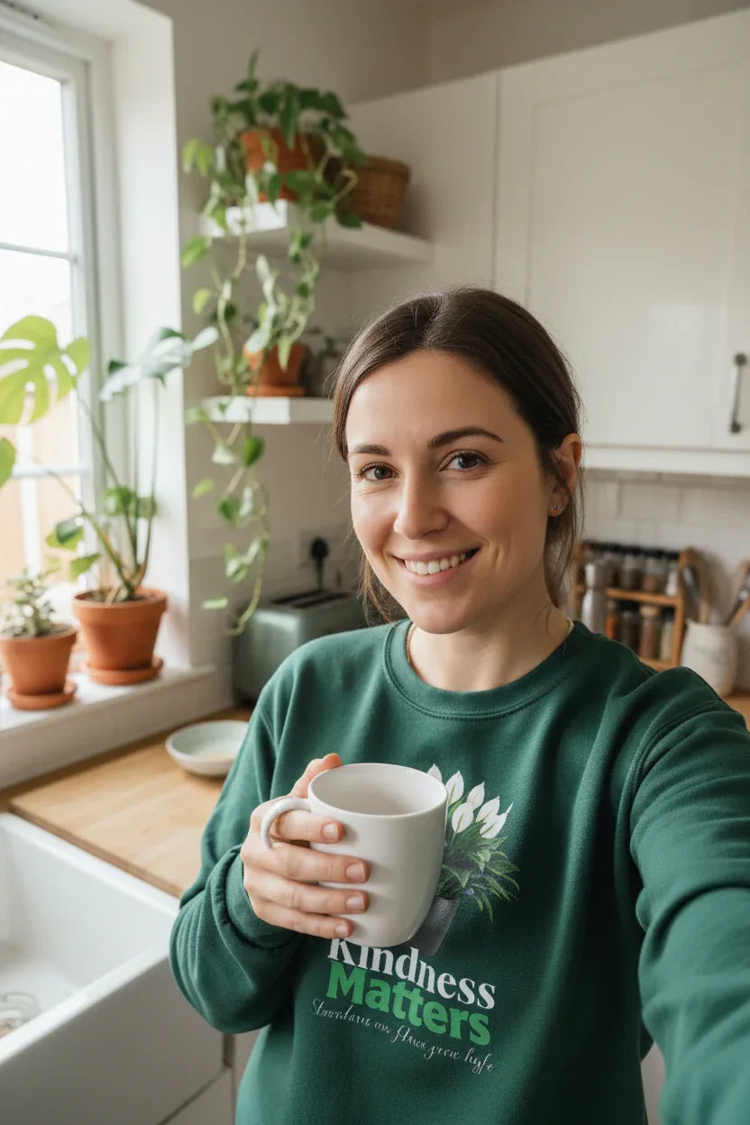 Green crewneck sweatshirt with tree graphic and 'Kindness Matters' print on chest