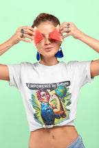 White graphic T-shirt worn by model, 'Empowered by Nature' slogan with nature art