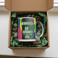 White mug with colorful nature quote shown in an open gift box