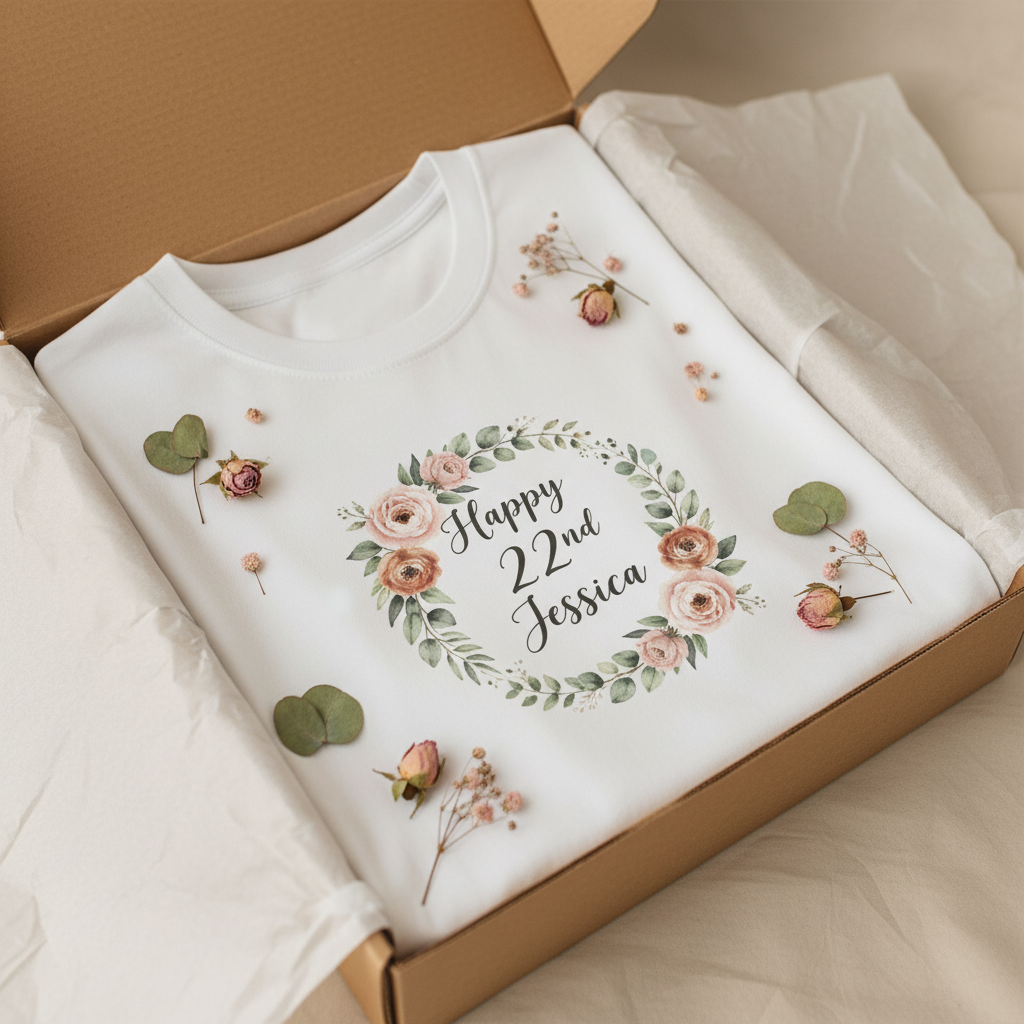 White birthday T-shirt with floral wreath 'Happy 2nd' Jessica