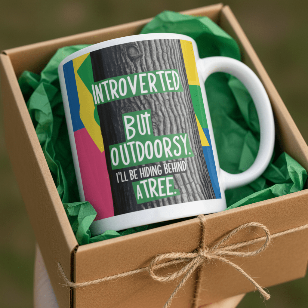 White mug in a gift box, showing “Introverted but Outdoorsy” colorful print.