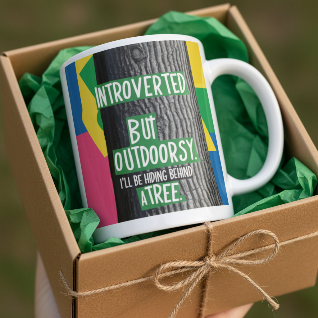 White mug in a gift box, showing “Introverted but Outdoorsy” colorful print.